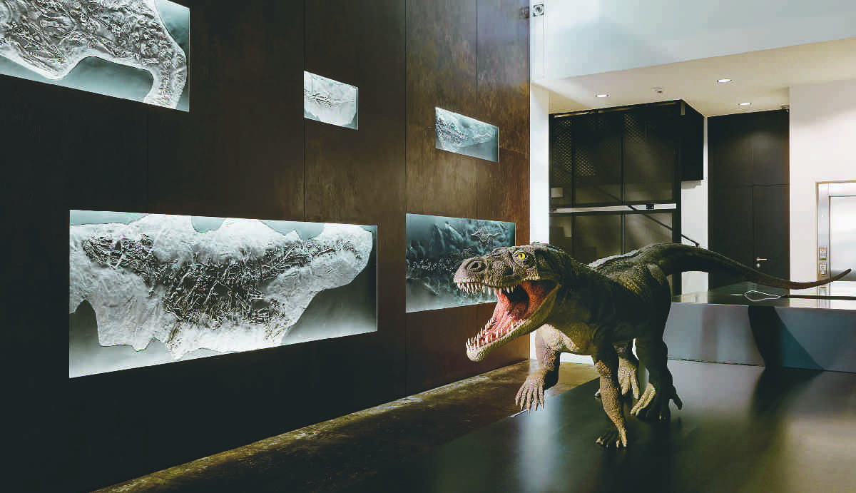 Der Ticinosuchus bewacht den Eingang des Fossilienmuseums in Meride. Foto: E. Cano